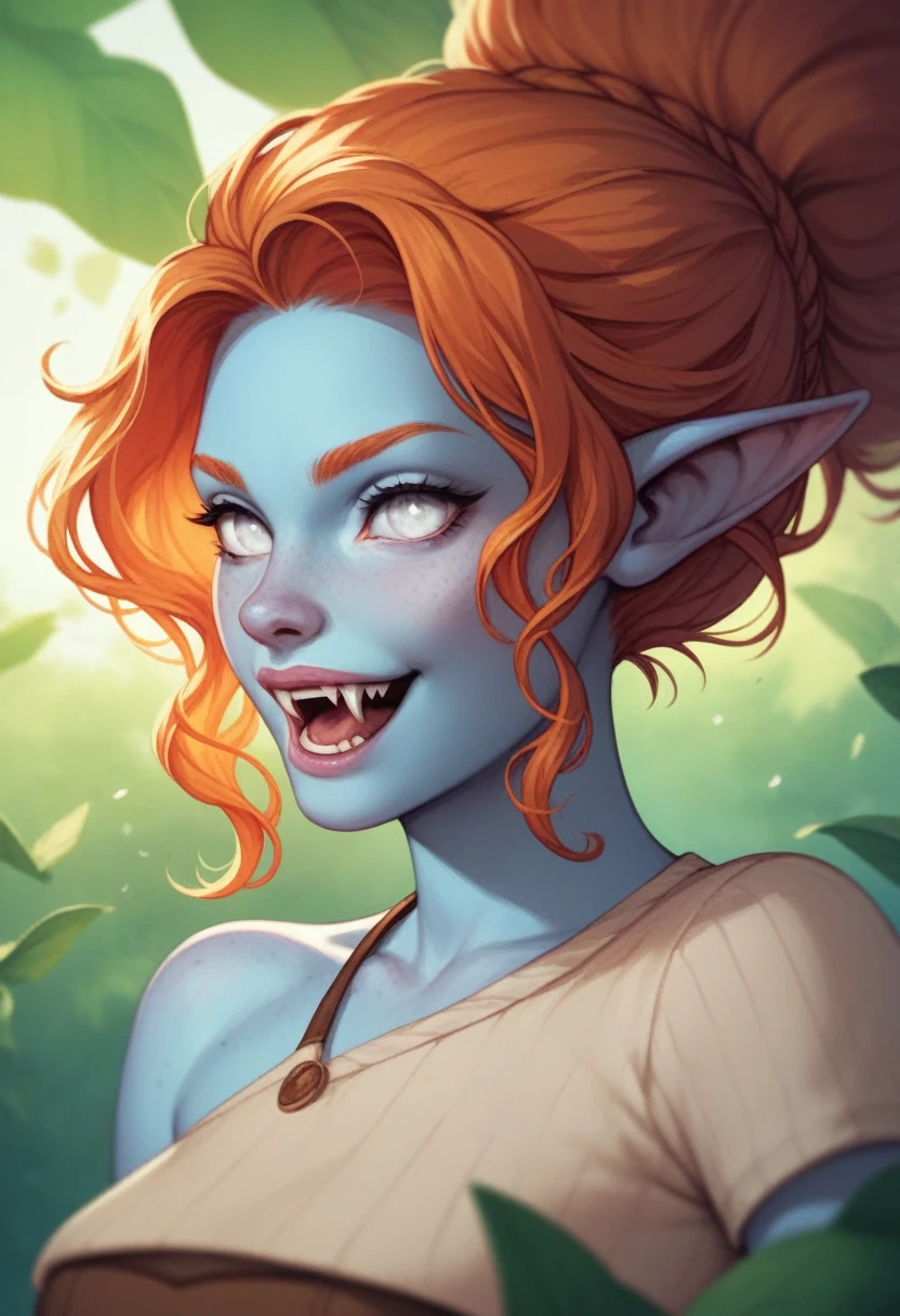 A young girl with azure-blue skin, pixie-sharp ears, and a delicate athletic body. Prominent large fangs and piercing white eyes complete her striking appearance. Her long ginger hair is loose and disheveled. She is dressed in the clothes of a poor farmer in a fantasy world