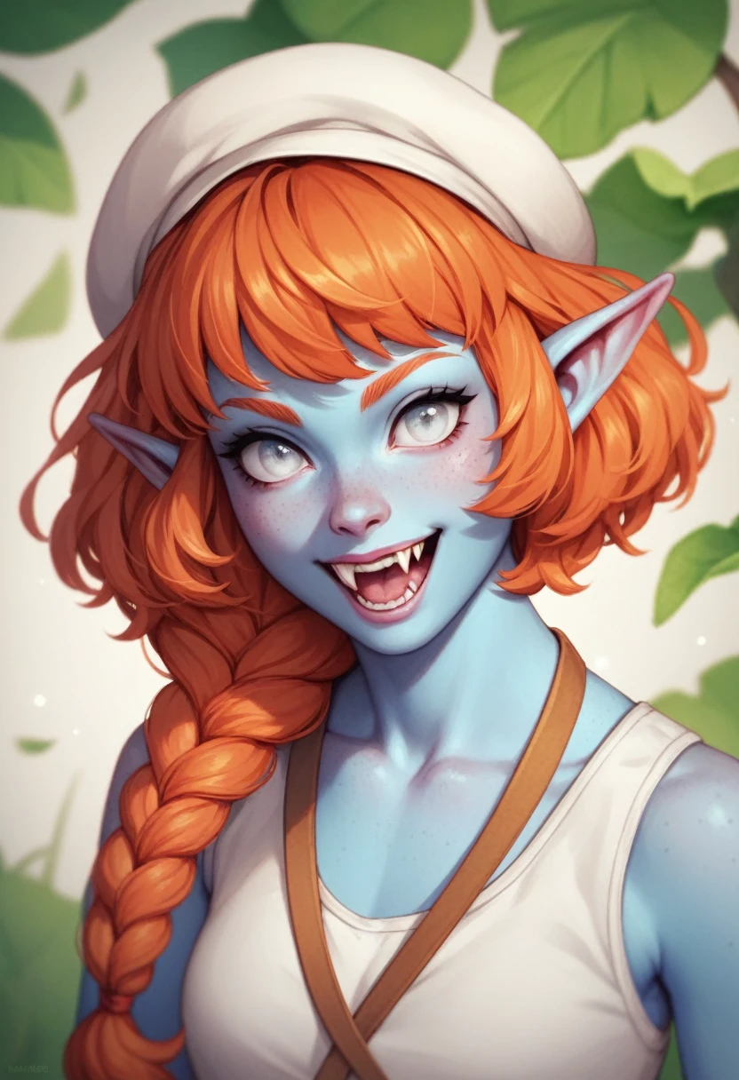 A young girl with azure-blue skin, pixie-sharp ears, and a delicate athletic body. Prominent large fangs and piercing white eyes complete her striking appearance. Her long ginger hair is loose and disheveled. She is dressed in the clothes of a poor farmer in a fantasy world
