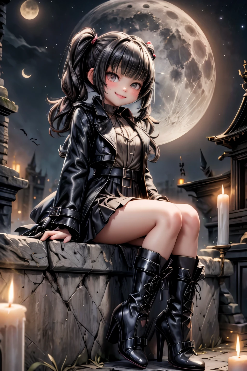 a vampire hunter girl smiling, wearing a Black Trench Coat and skirt, hairstyle pigtails, tighhighs, (((pumps))), sitting, ancient ruins at night, castlevania art style, moon, lanterns and candles floating all around
