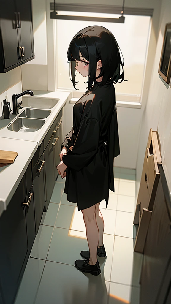 A girl with straight black hair is wearing a loose black shirt that falls under her shoulders and a short black skirt. She is wearing dark eye makeup. She is standing with her back washing dishes in a sink in the kitchen with her head down.
