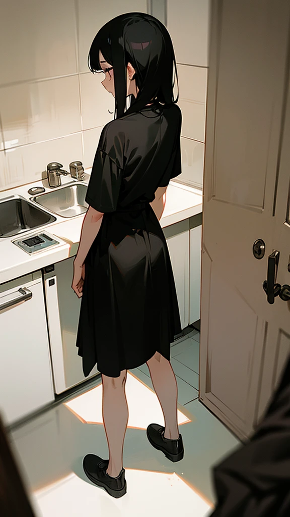 A girl with straight black hair is wearing a loose black shirt that falls under her shoulders and a short black skirt. She is wearing dark eye makeup. She is standing with her back washing dishes in a sink in the kitchen with her head down.