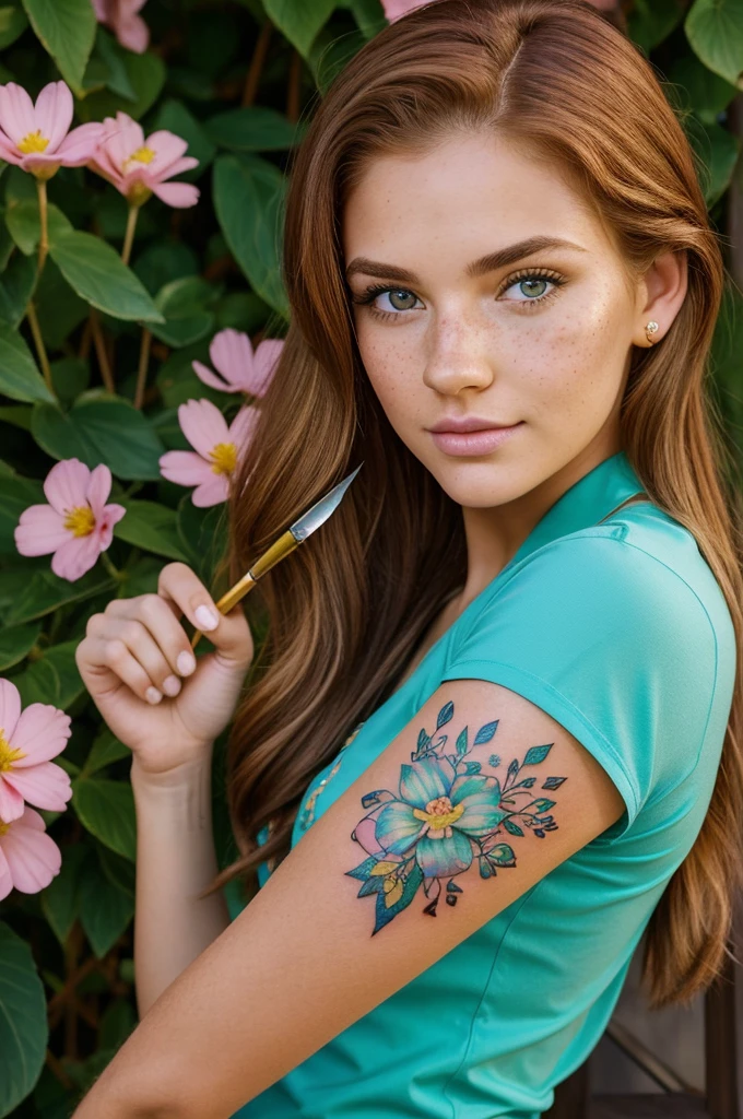 Young 25-year-old Disney lashista woman with medium hazel hair and golden blonde mid-tips, light brown eyes and freckles all over his face and focus from nose to cheekbones with aqua green shirt tattoos on left arm from 1999, flowers and butterflies in left hand with straight tweezers in left hand and curved tweezers in right hand