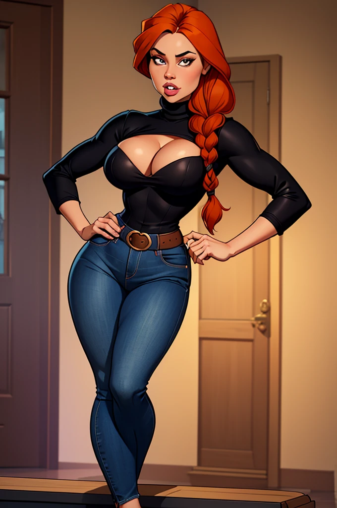 1 female, hourglass figure, shortstack, housewife, cleavage, Black turtleneck, small waist, thick thighs, orange hair, braided, hands on hips, tight jeans, masterpiece, slanty eyes, realistic lips, buck tooth, masterpiece, 4k.