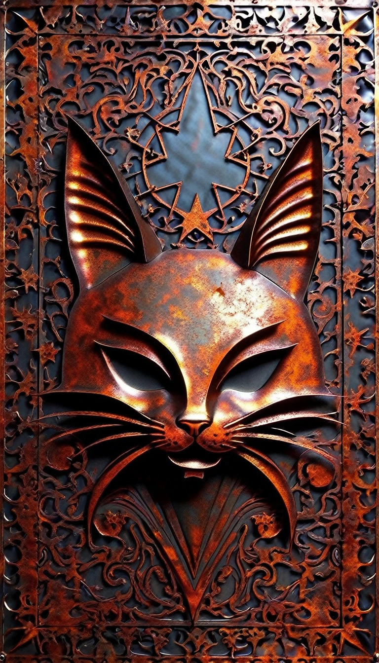 decorative metal sheet, rusty, satanic cat, satanic star