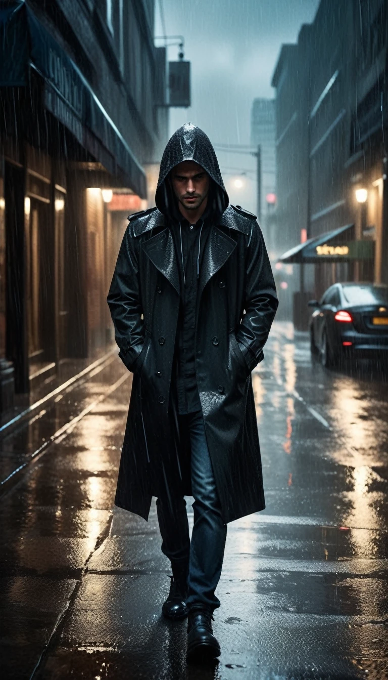 a hooded person in a black trench coat walking in heavy rain, dark moody atmosphere, dramatic lighting, detailed facial features, wet hair, water droplets, cinematic composition, high contrast, gloomy urban environment, (best quality,4k,8k,highres,masterpiece:1.2),ultra-detailed,(realistic,photorealistic,photo-realistic:1.37),cinematic lighting,dramatic shadows,gritty urban landscape,rainy city street,dark and moody,dramatic poses,wet clothes,extreme weather,realistic textures,detailed facial expressions
