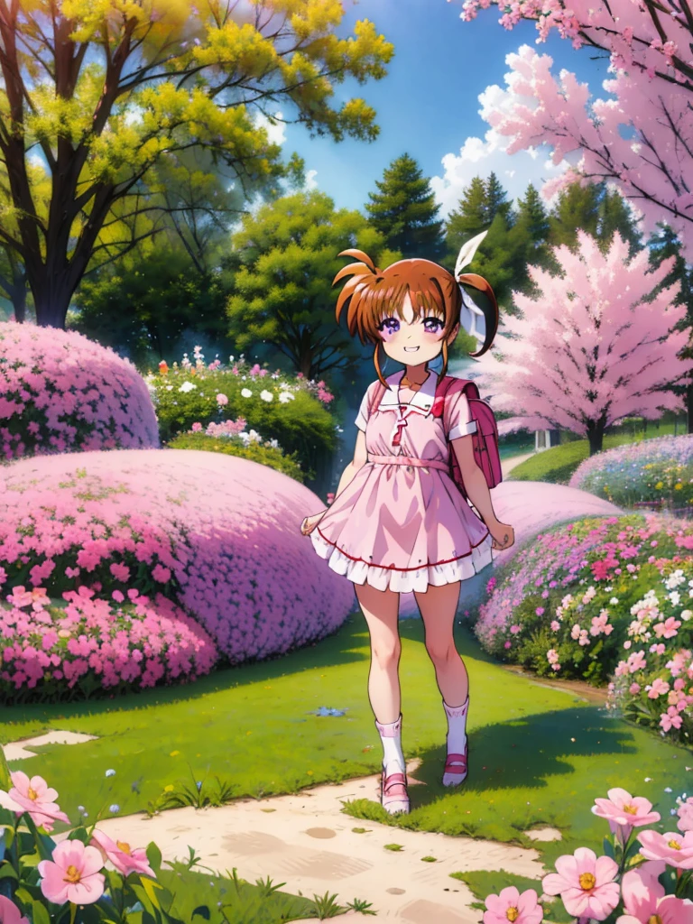 masterpiece, highest quality, Lyrical Nanoha,High resolution, 1 girl, alone, brown hair, , twin tails、purple eyes, , ruffle dress, tiara, pink dress, city, outdoors, garden, carrying a red school bag, (randoseru backpack:1.0)、 Nanoha,***,(petite),grin,miniskirt,socks,nsfw