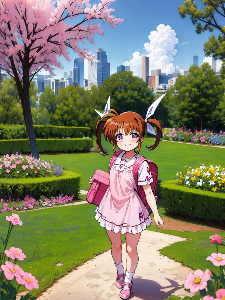 masterpiece, highest quality, Lyrical Nanoha,High resolution, 1 girl, alone, brown hair, , twin tails、purple eyes, , ruffle dress, tiara, pink dress, city, outdoors, garden, carrying a red school bag, (randoseru backpack:1.0)、 Nanoha,6yo,(petite),grin,miniskirt,socks,nsfw