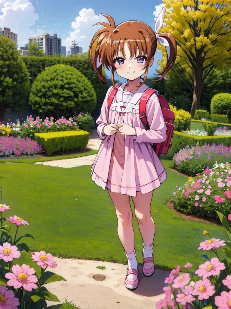 masterpiece, highest quality, Lyrical Nanoha,High resolution, 1 girl, alone, brown hair, , twin tails、purple eyes, , ruffle dress, tiara, pink dress, city, outdoors, garden, carrying a red school bag, (randoseru backpack:1.0)、 Nanoha,6yo,(petite),grin,miniskirt,socks,nsfw