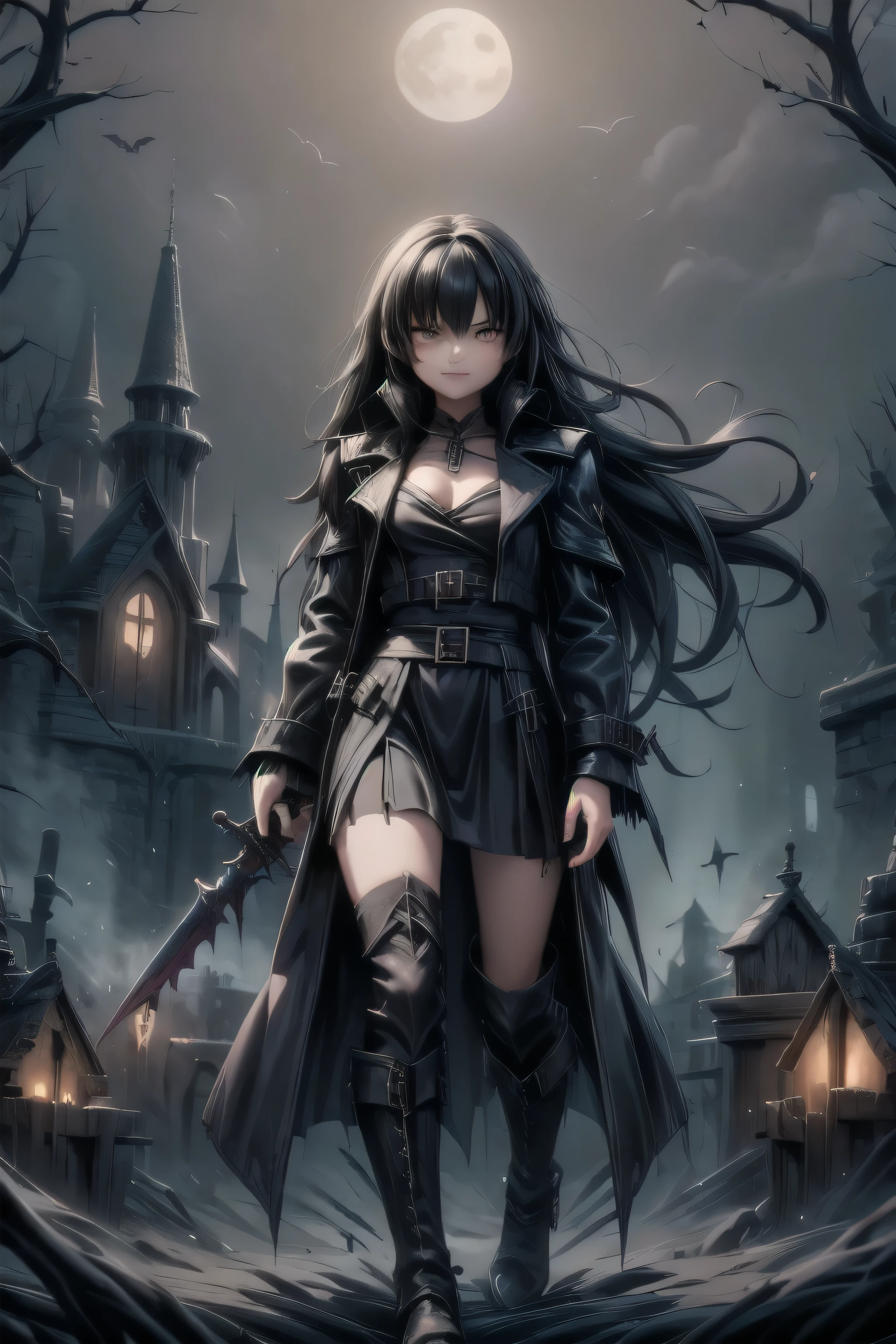 a vampire hunter girl wearing a Black Trench Coat, dark castle at night, castlevania art style, 