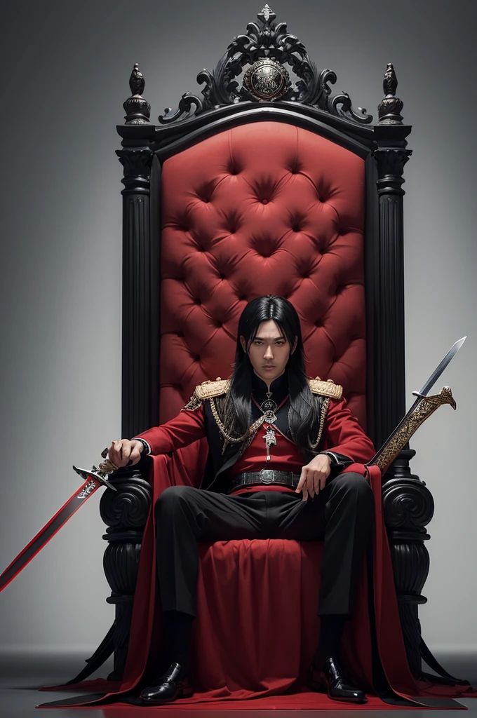 Make a 2D image of a handsome 36-year-old black-haired king, Dressed in black and red, sticking a sword into the ground, sitting on his throne