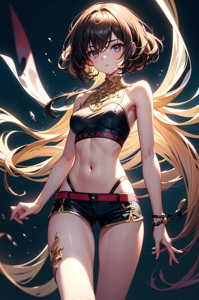 femboi， ((Masterpiece)), (1 girl), (Cute: 2.0), The face is extremely detailed, Enchanted expression, Strong gaze, Black Double French Braid, (Thin structure), Japanese girl, Slightly round face, Tanned brown face, Healthy face, Big eyes, Shorts, Thin thighs, (Small chest), confident pose, harsh, Almond-shaped eyes, rich palette,choker necklace,3D