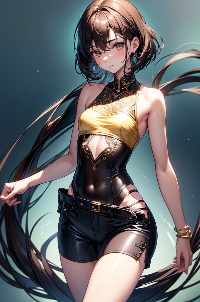 ((highest quality)),(ultra high resolution),(Super detailed),(detailed description),((best CG)),(best work of art),super precision art, great drawing art,(Art with precise details:1.5), (1 man: 1.5) cute and feminine looking young man, femboy, silky smooth back length brown hair, soft and cute facial features, slender and toned body, slim waist, small curves, small perky butt, silky smooth legs, short height of 5ft 5, shorts and simple plain t-shirt'