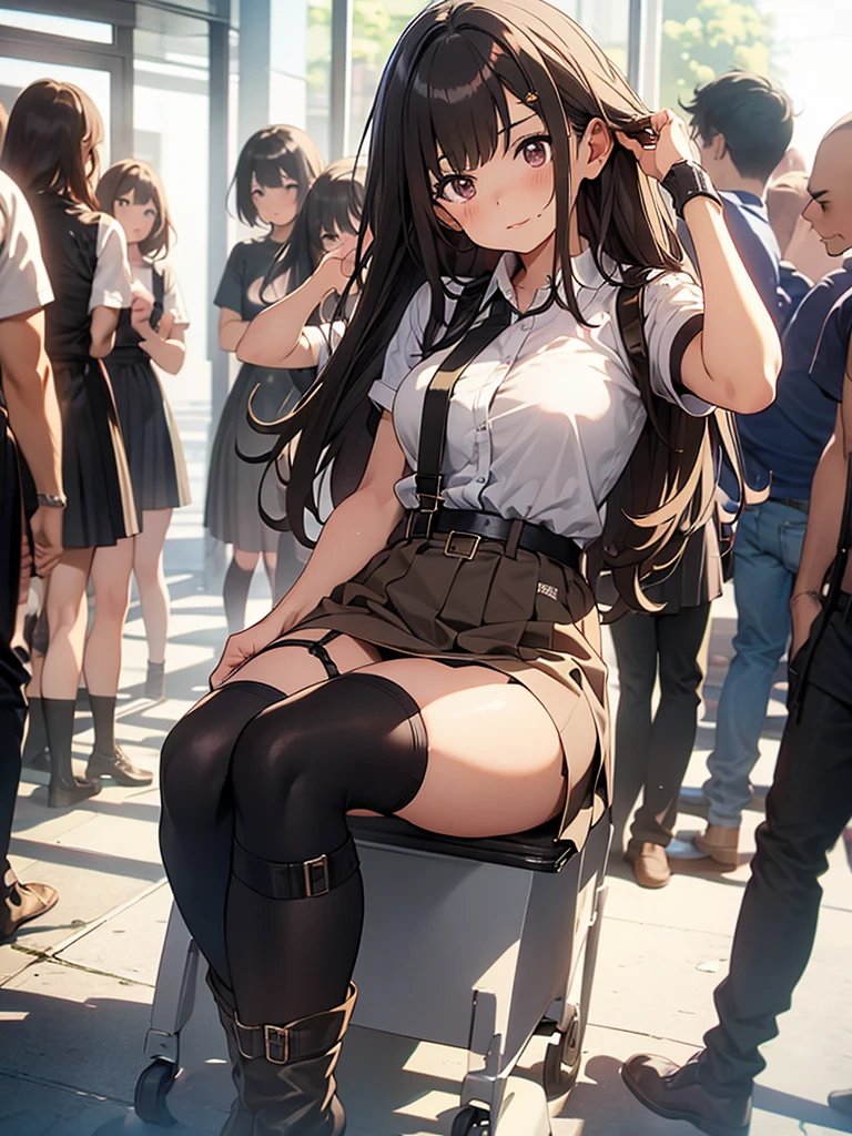 brown hair、looking at the viewer suspenders Bulging big breasts Black miniskirt garter belt knee high socks Gaze small face bangs Beauty hands up Gaze black boots provocation armpit sweat one person put your hands behind your back cutter shirt Panty shot