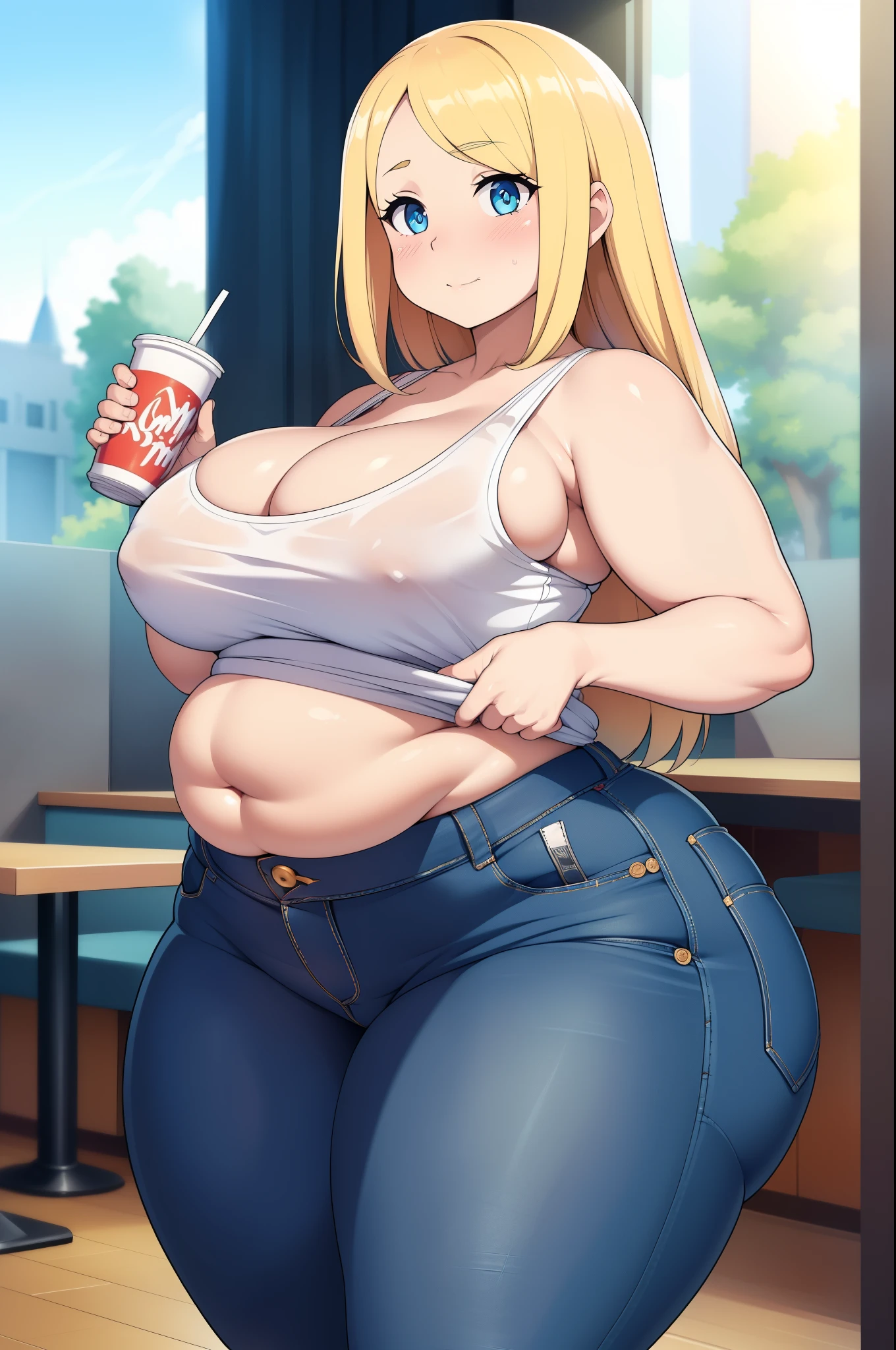 ((Masterpiece)), perfect anatomy, perfect shading, field of depth, (best quality), extremely delicate and beautiful, perfect lighting, detailed face, ultra cute face, cute, (1girl), (solo),

long fluffy blonde hair, blue eyes, ((blush)), embarressed, looking at viewer, tank top, jeans, cleavage, large breasts, ((thick thighs)), (wide hips), fat ass, chubby, chubby belly,

intricate background, detailed background, fast food restaurant, standing, holding soda,
