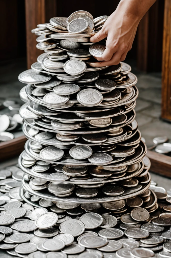 Piles of objects or a person carrying a lot of silver things