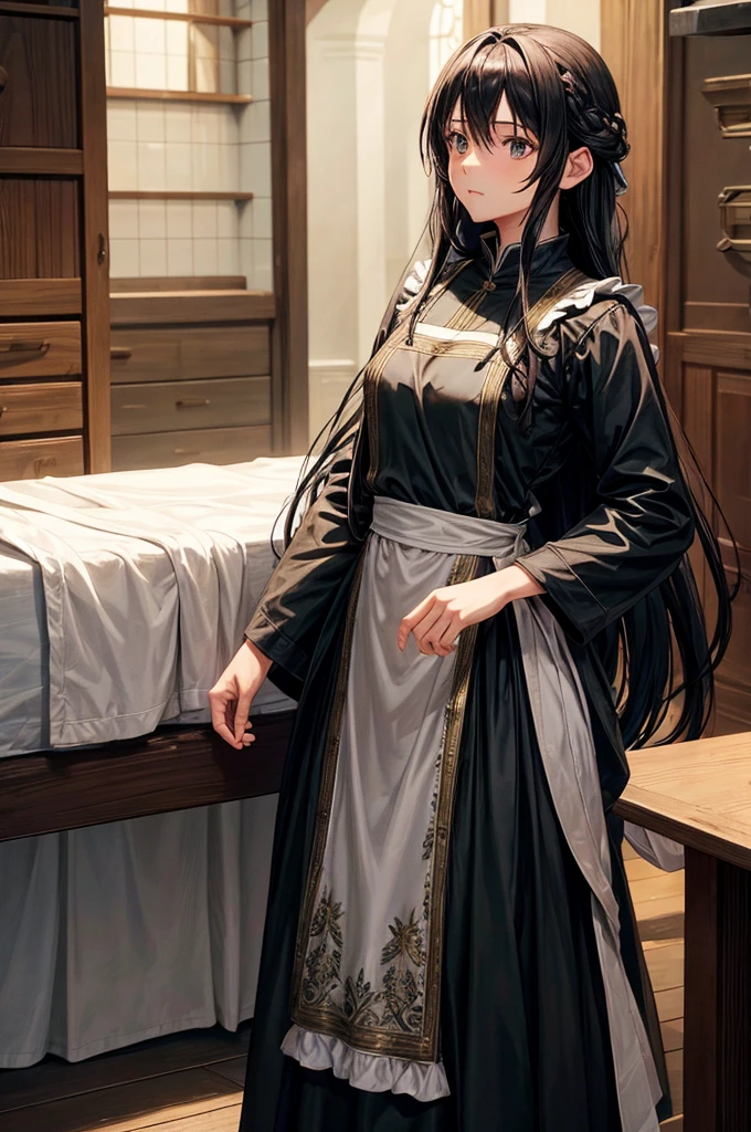 Kirito with long dark hair wearing a long dress and apron, standing in their house, detailed faces and expressions, warm lighting, intricate details, highly detailed, photorealistic, masterpiece, 8K, vivid colors, cinematic composition