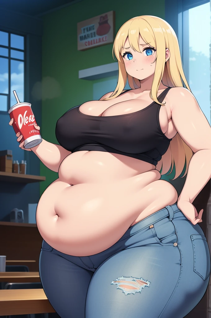 ((Masterpiece)), perfect anatomy, perfect shading, field of depth, (best quality), extremely delicate and beautiful, perfect lighting, detailed face, ultra cute face, cute, (1girl), (solo),

long fluffy blonde hair, blue eyes, ((blush)), embarressed, looking at viewer, tank top, jeans, cleavage, large breasts, ((thick thighs)), (wide hips), fat ass, chubby, chubby belly,

intricate background, detailed background, fast food restaurant, standing, holding soda,
