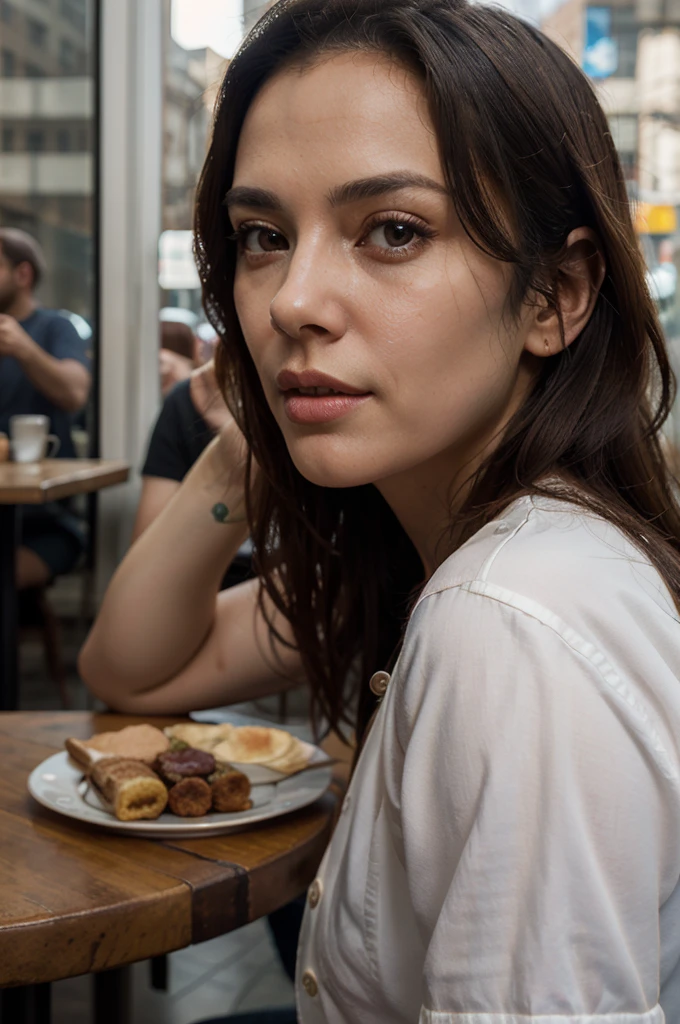 ((best qualityer)), ((work of art)), (detailded), 1 girl, White button-down shirt, WHITE GOLA SHIRT, sitting in a cafe, CUP ON THE TABLE, Portrait of a BRAZILIAN woman, sexy looking with long flowing hair, hazel eyes, with fluttering covers, perfect composition, hyper realist, Super detailded, 8K, high qualiy, trending art, trends on artstation, sharp focus, studio photo, details Intricate, altamente detailded, art by greg rutkowski, without jewelry, sketch, front camera, looking into the lens, focusing on the lens, CARS OUTSIDE, PEOPLE NEXT TOGETHER