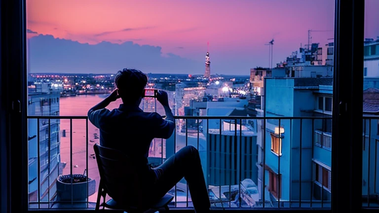 Boy with her back to the audience sitting on the chair on the balcony of the apartment, in the background Dark night in the city, full and red moonlight, red moonlight with energy flow, silver energy tides, premonition, real scenery, I don't want humans, There's a flow of energy, Anime Very real, clear shades of purple and blue, ultra-high detail Waiting to start