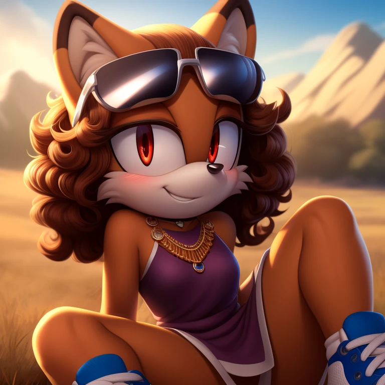 mobian, solo, hedgehog, two-tone fur ((orange fur, brown fur)), halterneck dress, high-top sneakers, small breasts, two-tone hair (brown hair, black tip)), curly hair, halo, sunglasses, jewelry, red eyes, longeyelashes, red eyes, smile, shy, blush, pose, high detail, masterpiece, UHD, anatomically correct, super detail, highres, 4K