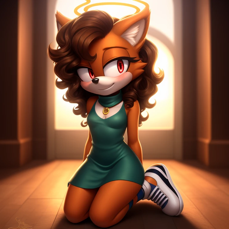 mobian, solo, hedgehog, two-tone fur ((orange fur, brown fur)), halterneck dress, high-top sneakers, small ???????, two-tone hair (brown hair, black tip)), curly hair, halo, sunglasses, jewelry, red eyes, longeyelashes, red eyes, smile, shy, blush, pose, high detail, masterpiece, UHD, anatomically correct, super detail, highres, 4K