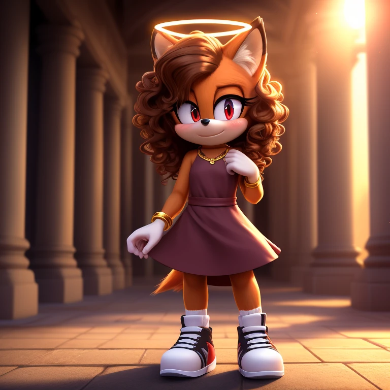 mobian, solo, hedgehog, two-tone fur ((orange fur, brown fur)), halterneck dress, high-top sneakers, small breasts, two-tone hair (brown hair, black tip)), curly hair, halo, sunglasses, jewelry, red eyes, longeyelashes, red eyes, smile, shy, blush, pose, high detail, masterpiece, UHD, anatomically correct, super detail, highres, 4K