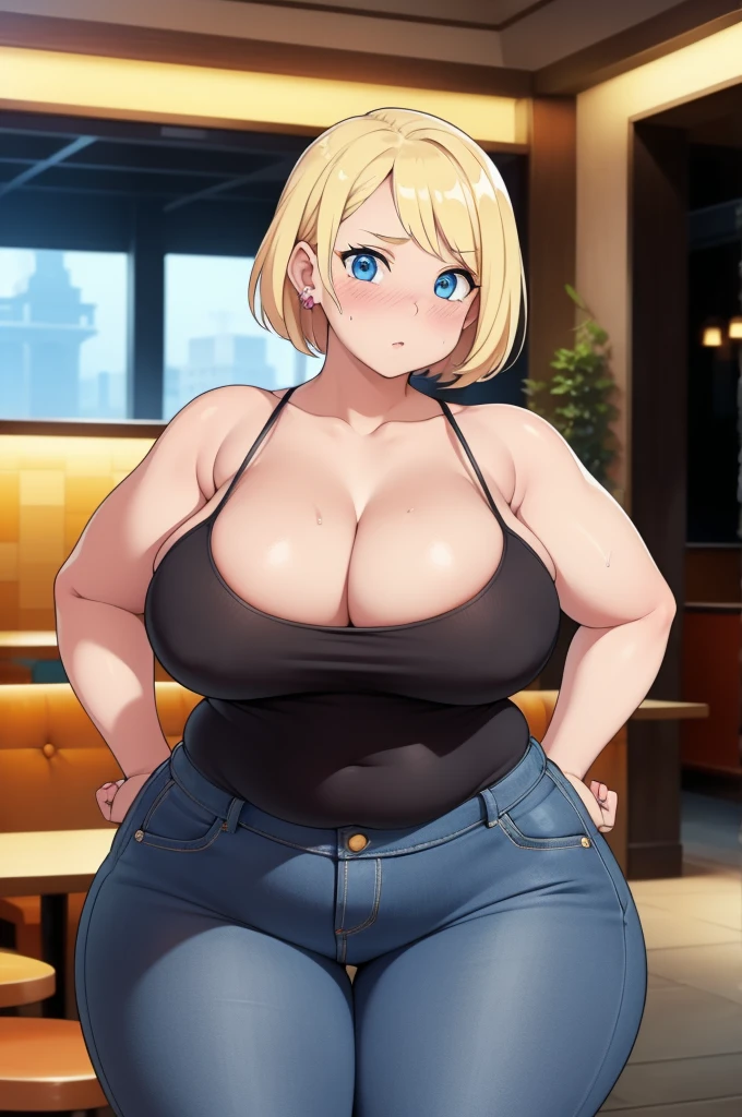 ((Masterpiece)), perfect anatomy, perfect shading, field of depth, (best quality), extremely delicate and beautiful, perfect lighting, detailed face, ultra cute face, cute, (1girl), (solo),
short fluffy blonde hair, blue eyes, ((blush)), nervous, looking at viewer, tank top, jeans, cleavage, large breasts, ((thick thighs)), (wide hips), fat ass, plump,
intricate background, detailed background, fast food restaurant, standing,