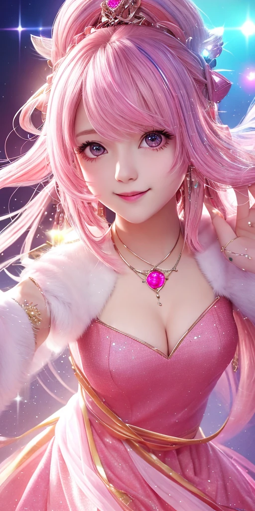 A girl with pink streaks in her hair, YOUNG, in a dress with pink gems, has a pink aura, He is smiling, she is beautiful, has pink eyes, he doesn&#39;t have animal ears, looks like an angel, He doesn&#39;t have blue locks, looks 18, he has a very good body, has pink powers, her dress is short, her hair is brown 