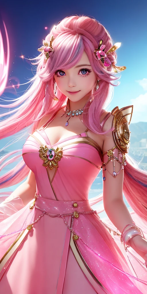 a beautiful pink-haired woman in a pink dress, flowing dress, thigh-high stockings, pink roses, elaborate headdress, holding a rose, charming anime girl, beautiful alluring anime woman, highly detailed, masterpiece, 8k, photorealistic, cinematic lighting, volumetric lighting, fantasy, elegant, magical, mystical, intricate details, porcelain skin, deep eyes, delicate features, dynamic pose, fine art portrait