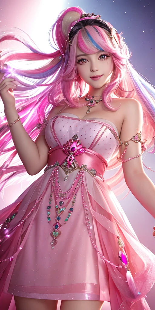 A girl with pink streaks in her hair, YOUNG, in a dress with pink gems, has a pink aura, He is smiling, she is beautiful, has pink eyes, he doesn&#39;t have animal ears, looks like an angel, He doesn&#39;t have blue locks, looks 18, he has a very good body, has pink powers, her dress is short, her hair is brown 