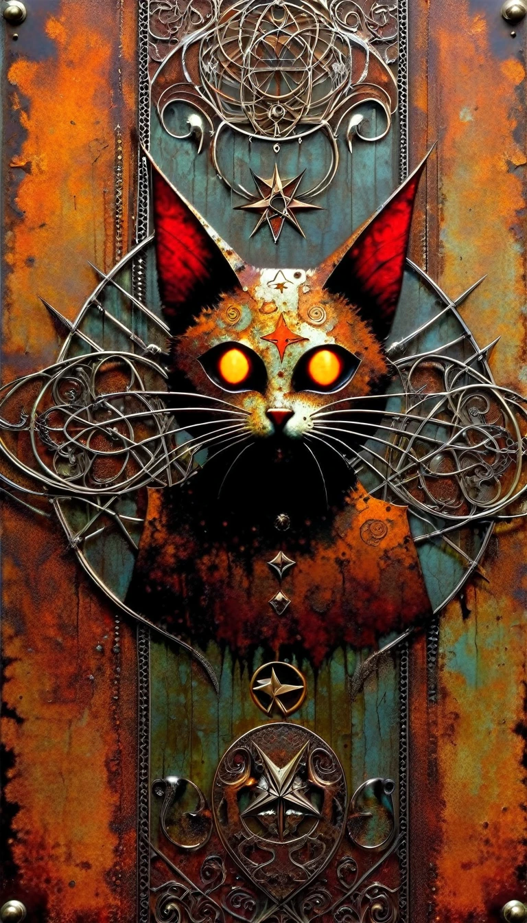 decorative metal sheet, rusty, satanic cat, satanic star, art inspired by dave mcKean