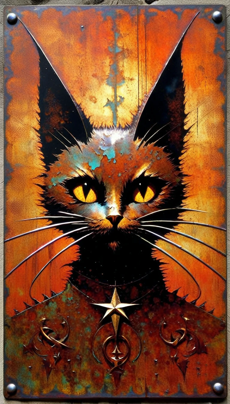 decorative metal sheet, rusty, satanic cat, satanic star, art inspired by dave mcKean
