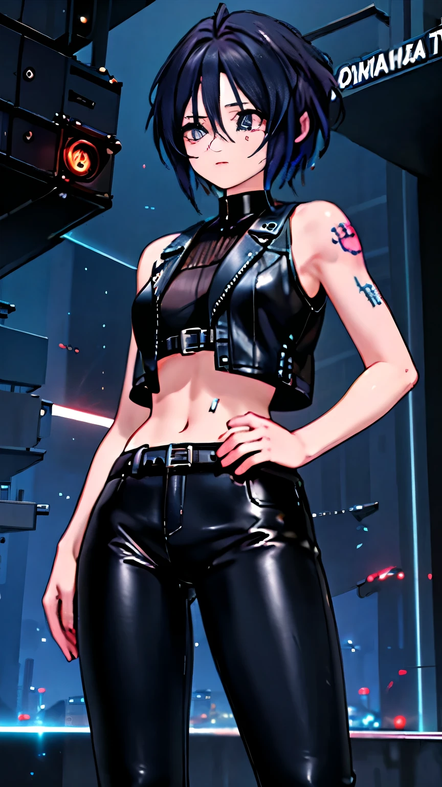 (highest quality),masterpiece,Super detailed,8K, UHD,Beautiful woman,japanese woman,No expression,whole body,((tattoo)),slim,black leather pants,black leather vest,(female mafia),gangster,(cyberpunk city),night,cinematic lightening,underworld