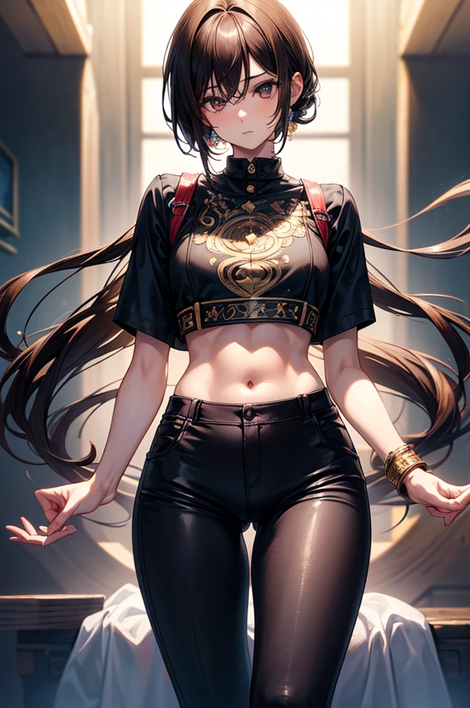 ((highest quality)),(ultra high resolution),(Super detailed),(detailed description),((best CG)),(best work of art),super precision art, great drawing art,(Art with precise details:1.5), (1 man: 1.5)  cute and feminine looking young man, femboy, silky smooth back length brown hair, soft and cute facial features, slender and toned body, slim waist, small curves, small perky butt, silky smooth legs, very short height of 5ft 5, pants and simple plain t-shirt, an overall cute femboy