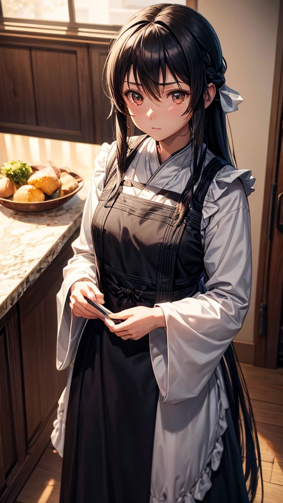 SAO, Kirito with long dark hair wearing a long dress and apron, standing in their house, detailed faces and expressions, warm lighting, intricate details, highly detailed, photorealistic, masterpiece, 8K, vivid colors, cinematic composition