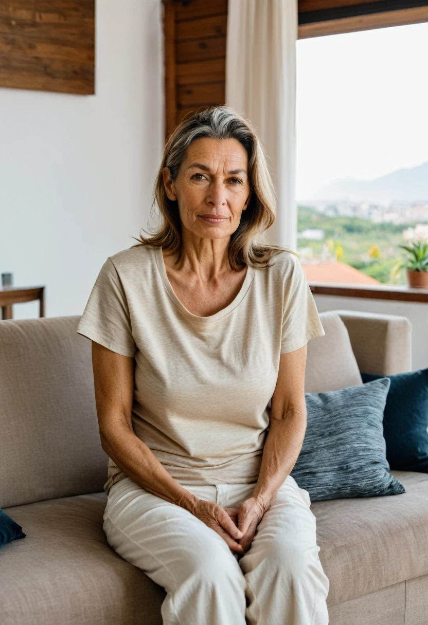 RAW photo, full body, 55-year-old woman, extreme wrinkles, casual t-shirt, sitting on the guest sofa, looking at the viewer, wearing cream shoes, straight forward position, in front of the viewpoint,