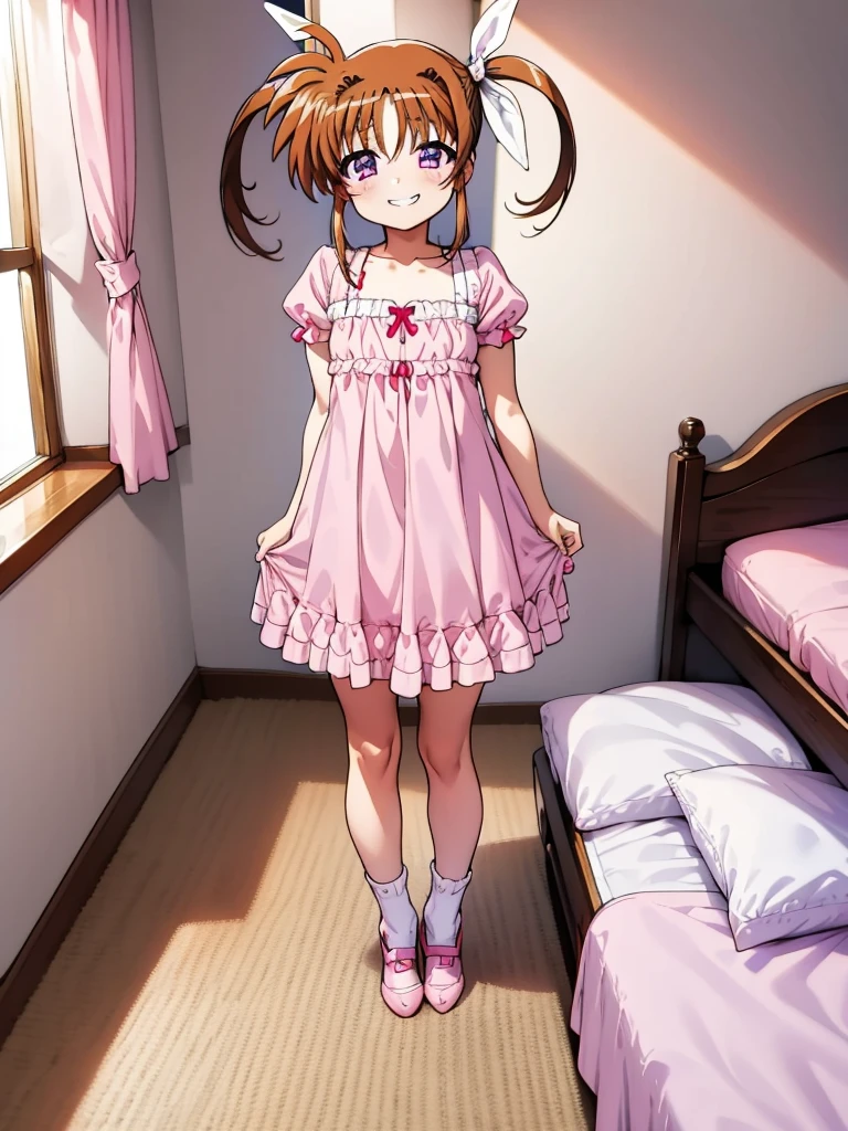 , Lyrical Nanoha,High resolution, 1 girl, alone, brown hair, , twin tails、purple eyes, , ruffle dress, tiara, pink dress, my room、 Nanoha,6yo,(petite),grin,miniskirt,socks,nsfw