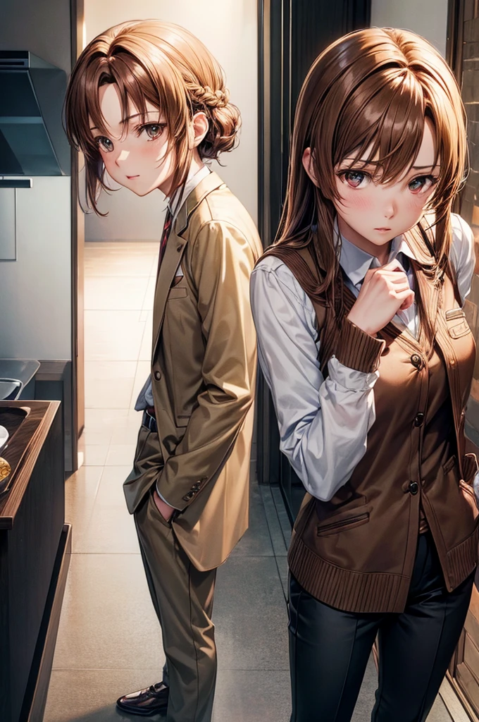 SAO, Asuna with short brown hair wearing a suit and pants, both standing in their house, detailed faces and expressions, warm lighting, intricate details, highly detailed, photorealistic, masterpiece, 8K, vivid colors, cinematic composition