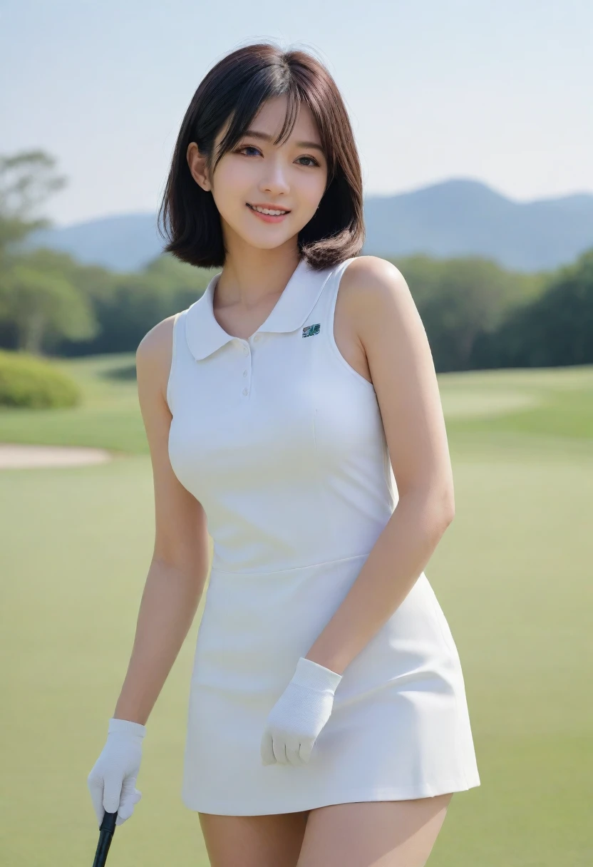 8K, Ultra-high resolution, Highest quality, masterpiece, 三分割法によるphotograph,Surreal, photograph, 1 Girl, (16 years old:1.3), pretty girl, Cute face, Beautiful eyes in every detail, 細かくdetailedに,masterpiece,, One Girl:1.2, Japan Female Announcer,whole body,(Golf Wear:1.5),(Golf course:1.5),Pencil Skirt、Knee socks, Attractive thighs, Sensual,A carefree smile,Heal the heart,Black Hair,Short Bob,Looking at the audience、beauty,Long neck、Laugh a little、Please close your mouth and laugh、(((Ideal body type))),A cup small breasts :2,、Portraiture:2、Perfect Anatomy、鮮明なdetailed、detailed、Surreal、Light and shadow,Strong light