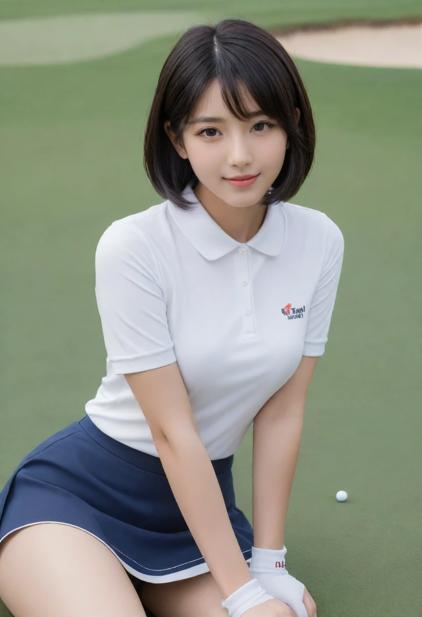 8K, Ultra-high resolution, Highest quality, masterpiece, 三分割法によるphotograph,Surreal, photograph, 1 Girl, (16 years old:1.3), pretty girl, Cute face, Beautiful eyes in every detail, 細かくdetailedに,masterpiece,, One Girl:1.2, Japan Female Announcer,whole body,(Golf Wear:1.5),(Golf course:1.5),Pencil Skirt、Knee socks, Attractive thighs, Sensual,A carefree smile,Heal the heart,Black Hair,Short Bob,Looking at the audience、beauty,Long neck、Laugh a little、Please close your mouth and laugh、(((Ideal body type))),A cup small  :2,、Portraiture:2、Perfect 、鮮明なdetailed、detailed、Surreal、Light and shadow,Strong light 