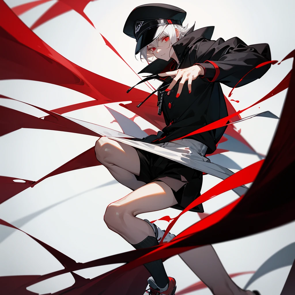 It depicts a young man with white hair and red eyes in a black cap with a black and red coat with black shorts and long white socks ,wearing nike sneakers