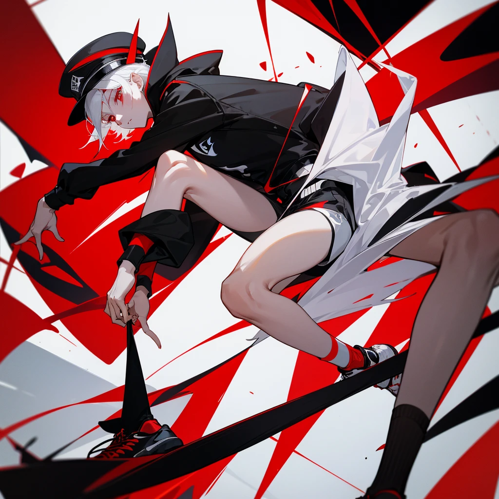 It depicts a young man with white hair and red eyes in a black cap with a black and red coat with black shorts and long white socks ,wearing nike sneakers