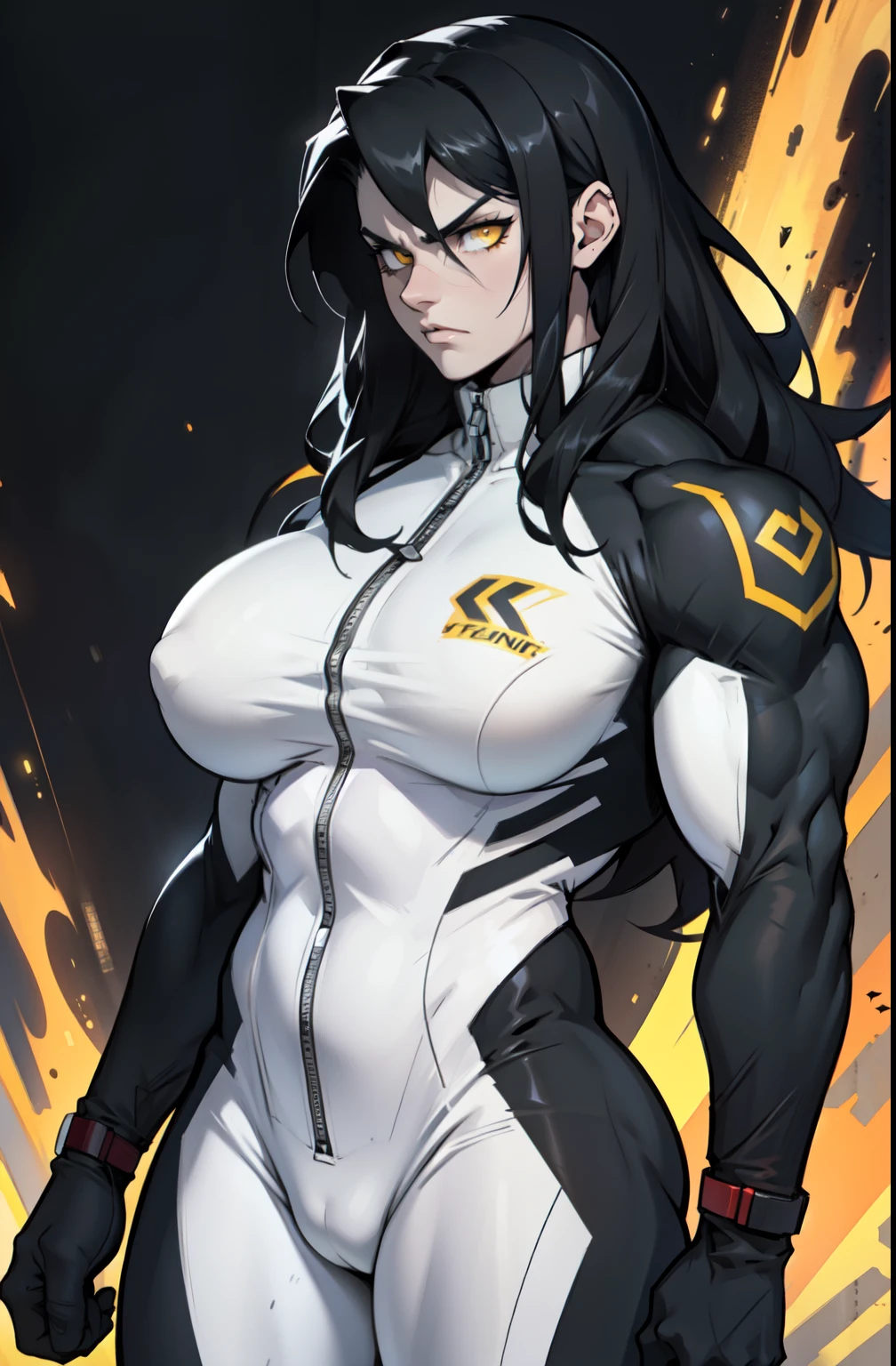 pale skin solo 1 girl black hair yellow eyes angry very long hair dark atmosphere ((huge breasts bodybuilder toned body muscular)) white skinsuit
