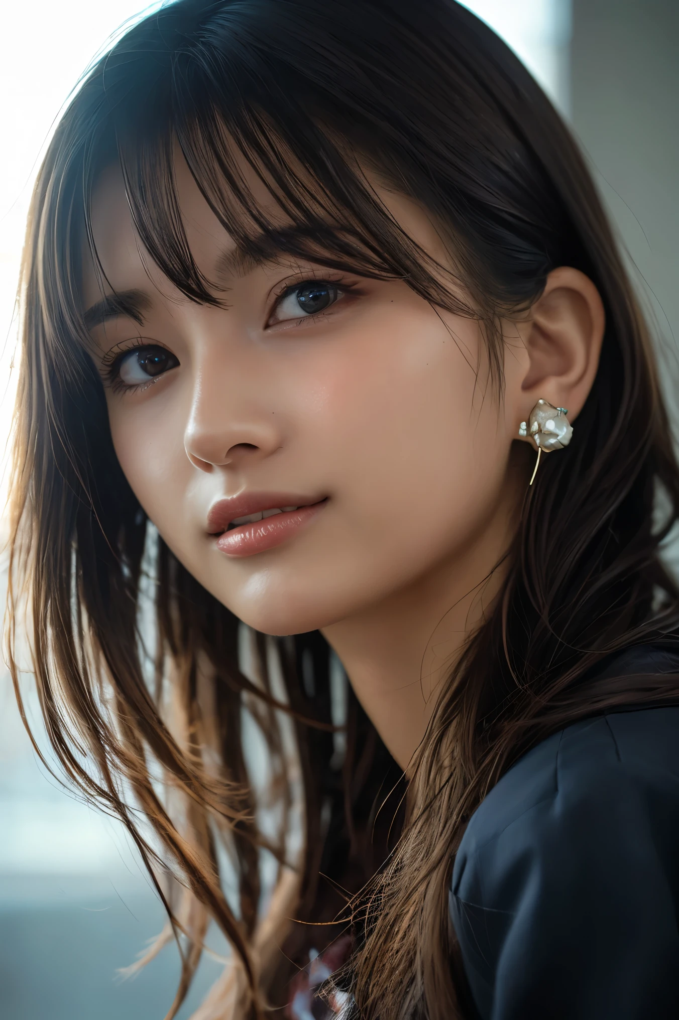 Upper Body、Beauty、20-year-old、Uniform eyes、, light brown hair, hair over shoulder, parted bangs, straight hair, expressive hair, shiny hair, earrings, seductive smile, Surrealism, cinematic lighting, first-person view, pov, f/1.2, Nikon, UHD, textured skin, best quality, highres, 8k
