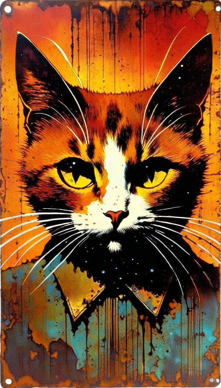 decorative metal sheet, rusty, comunist cat, satanic star (art inspired by Bill Sienkiewicz)