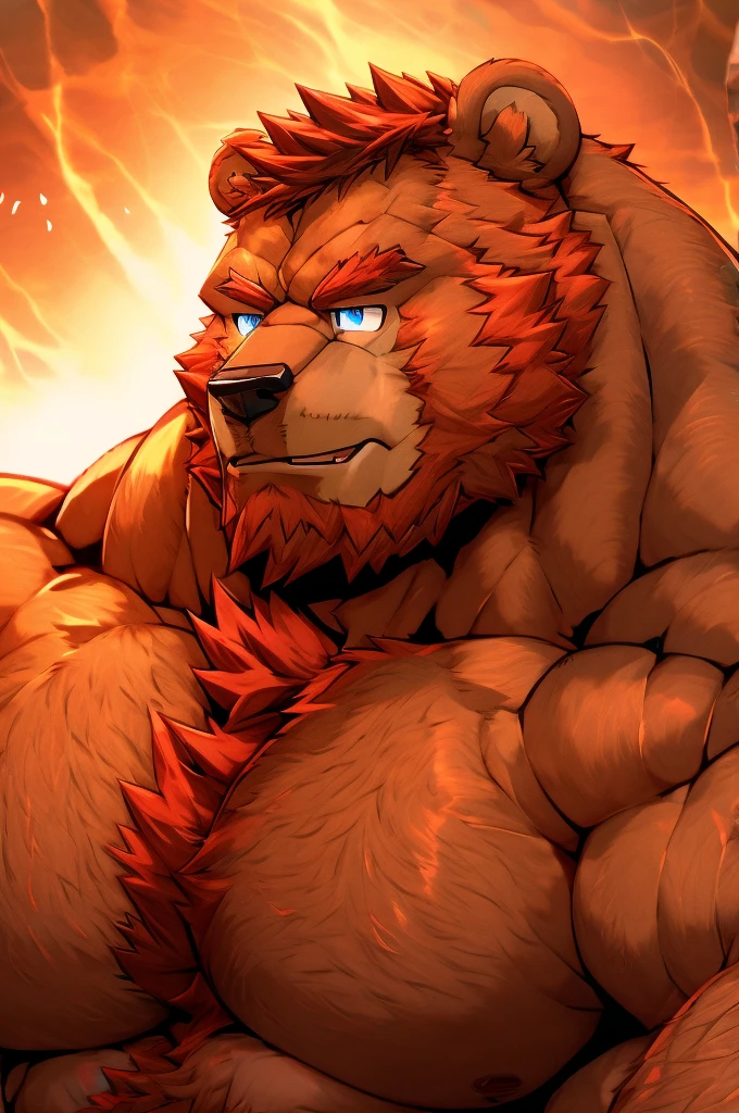 dad bear, hairy chest, bearded, Big , muscular, Big thighs, handsome, Red hair, light brown skin, erected, Heroic pose, muscular arms, Big muscular chest, detailed light blue eyes
