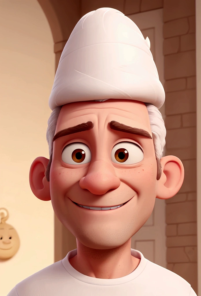 one  men, middle aged white, calvo, with a thin nose and a thin mouth, and in a white shirt, Disney cartoon style