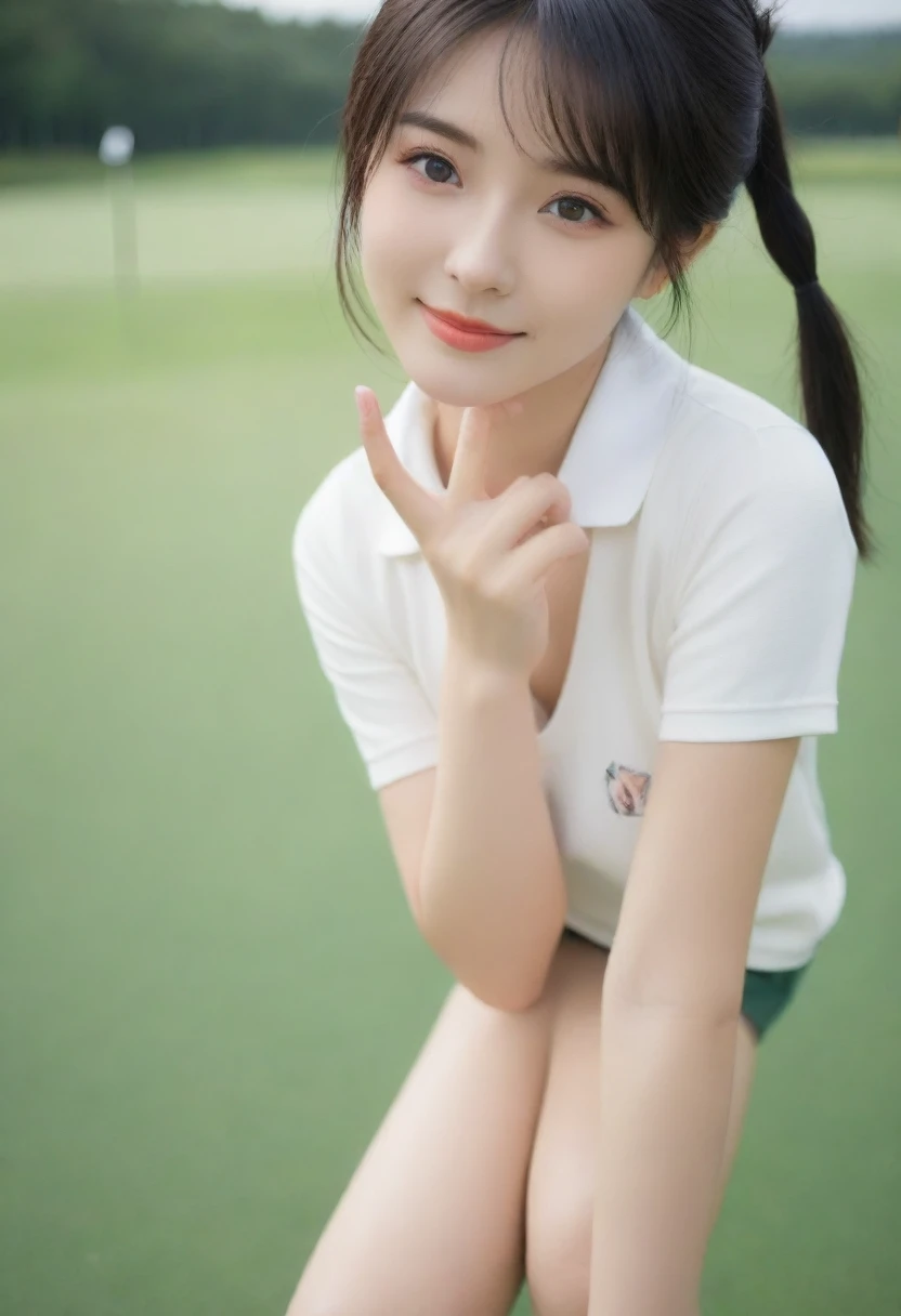 8K, Ultra-high resolution, Highest quality, masterpiece, 三分割法によるphotograph,Surreal, photograph, 1 Girl, (:1.3), pretty girl, Cute face, Beautiful eyes in every detail, 細かくdetailedに,masterpiece,, One Girl:1.2, Japan Female Announcer,whole body,(Golf Wear:1.5),(Golf course:1.5),Pencil Skirt、Knee socks, Attractive thighs, Sensual,A carefree smile,Heal the heart,Black Hair,Short Bob,Looking at the audience、beauty,Long neck、Laugh a little、Please close your mouth and laugh、(((Ideal body type))),A cup small breasts :2,、Portraiture:2、Perfect Anatomy、鮮明なdetailed、detailed、Surreal、Light and shadow,Strong light
