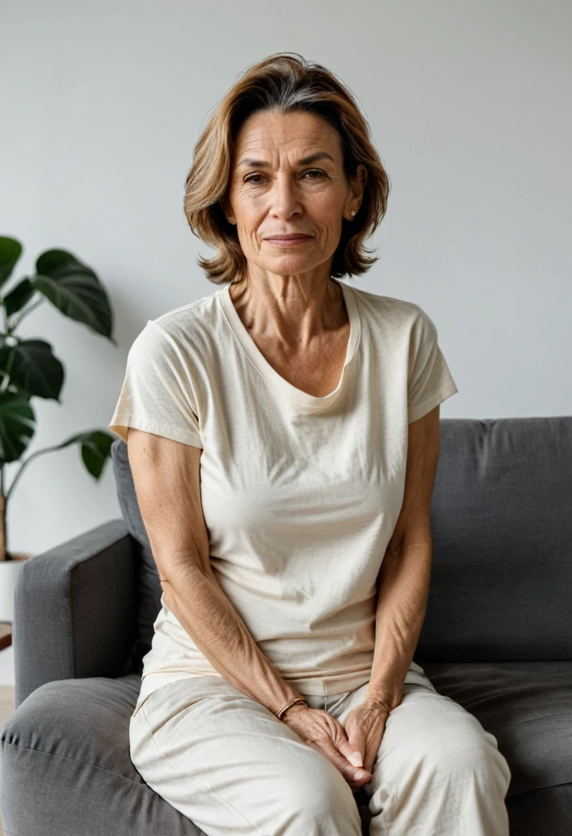 RAW photo, full body, 55-year-old woman, extreme wrinkles, casual t-shirt, sitting on the guest sofa, looking at the viewer, wearing cream shoes, straight forward position, in front of the viewpoint,