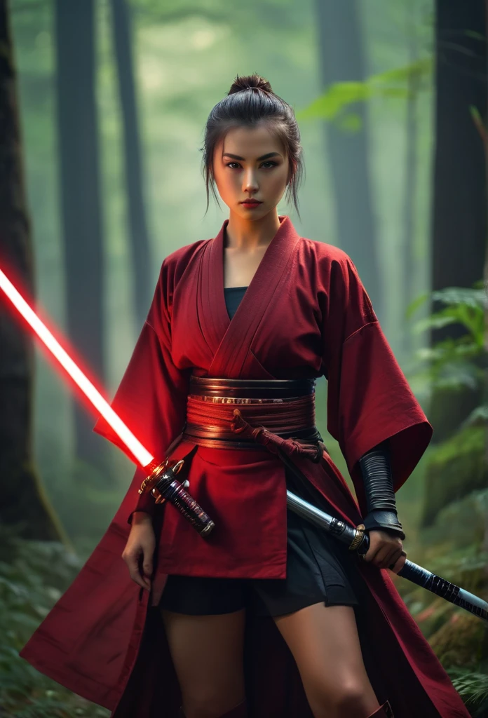 Hold the sword and open the scabbard.Handsome female warrior wearing dark red short clothes, misty forest background.bokeh background.portrait,(best quality,4K,8K,high resolution,masterpiece:1.2) Art Station Contest Winners, fantasy art, female warrior, very beautiful cyberpunk samurai, light saber, beautiful female warrior, beautiful teen female warrior, warrior princess, warrior teen girl, beautiful figure painting, she is holding a light saber, japanese samurai, Ono City